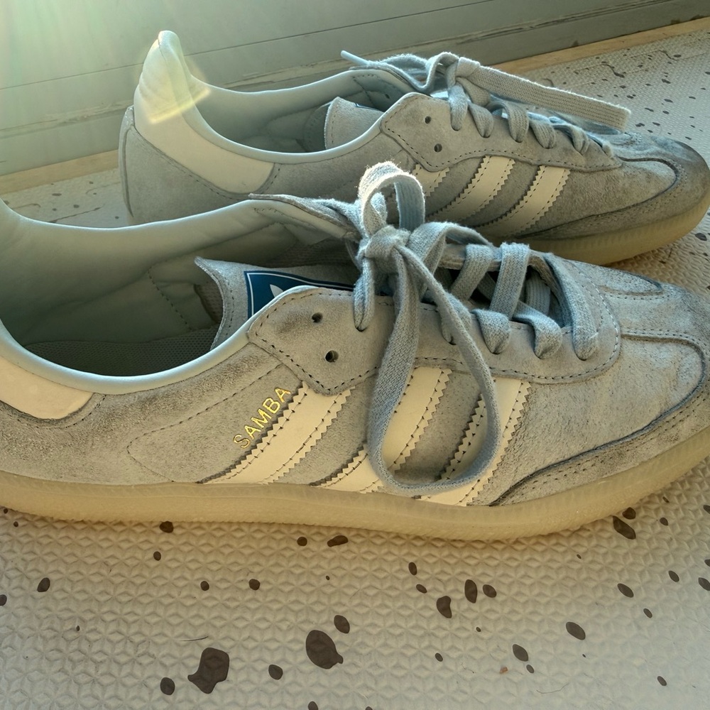 Adidas Samba Suede Sneakers in Light Gray / Blue & White with Gum Sole